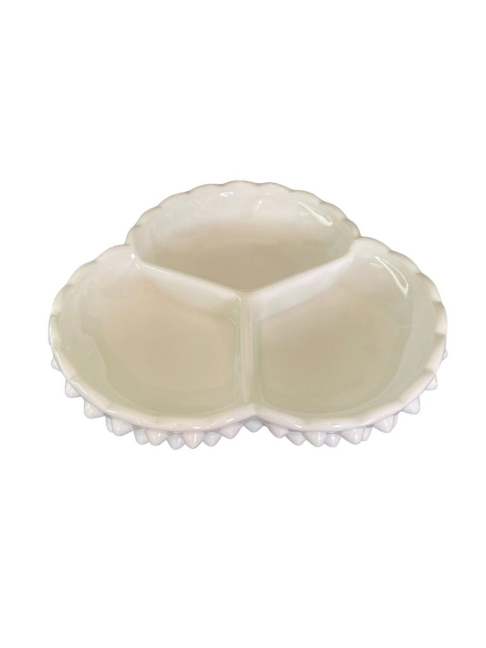 Fenton Divided Relish Dish Hobnail Milk Glass Scalloped Vintage 7.25" 1960's